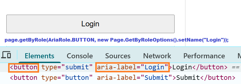 Chrome DevTools showing HTML code for Login button with aria-label for Playwright Java getByRole example
