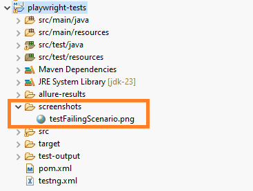 Captured Playwright test failure screenshots saved in the screenshots folder during TestNG execution