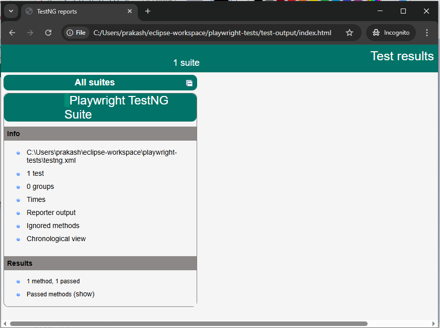TestNG HTML report displaying Playwright test execution results with passed and failed test cases