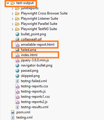 TestNG HTML report generated in the test-output folder after running Playwright tests in Eclipse