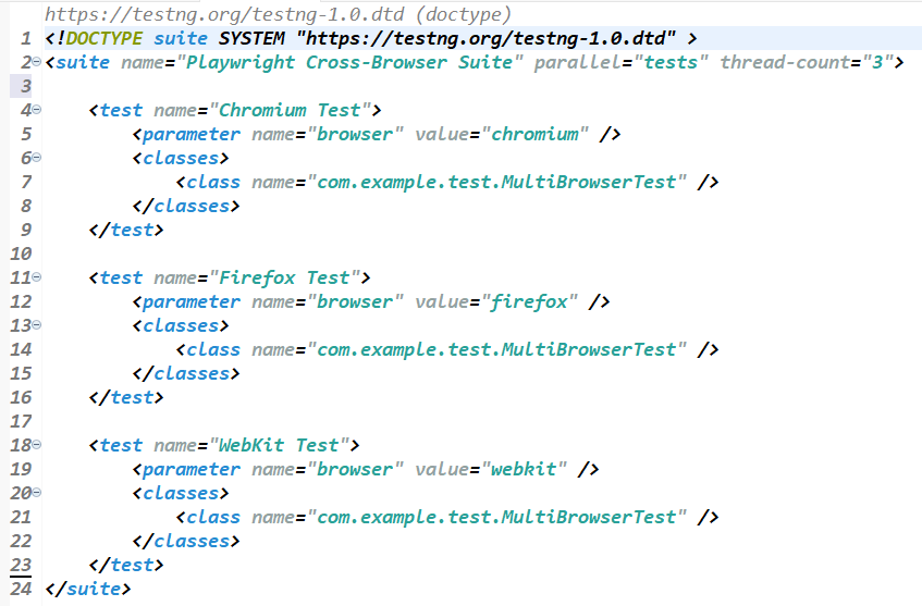 TestNG XML configuration for Playwright cross-browser testing