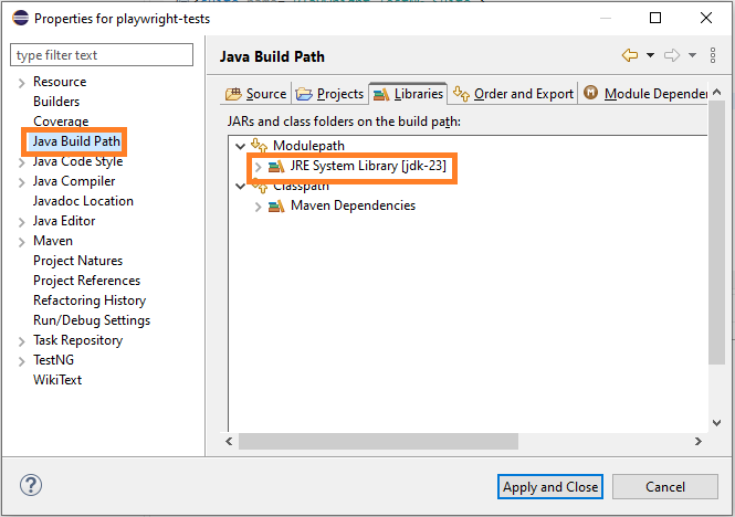 Update project JDK in Eclipse to use the correct Java version for Playwright TestNG automation
