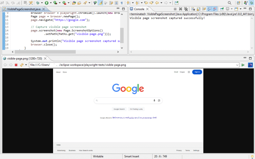 Visible page screenshot captured using Playwright Java