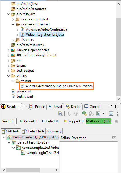 Playwright Java video output folder showing recorded files
