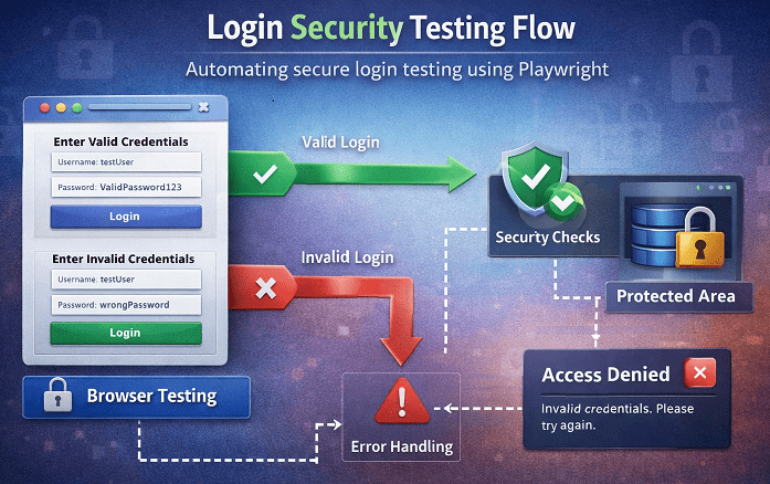 playwright-login-security-testing-flow | Software Testing Tutorials Playwright login security testing flow with valid and invalid credentials