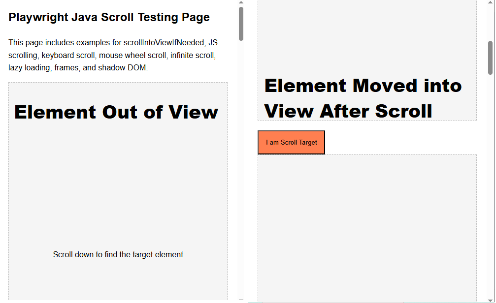 scroll-into-view-if-needed-example | Software Testing Tutorials Playwright Java scrollIntoViewIfNeeded example showing how a target element is automatically scrolled into the visible viewport.