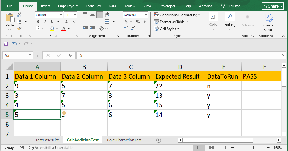CalcAdditionTest excel sheet showing data driven execution rows in Playwright enterprise framework