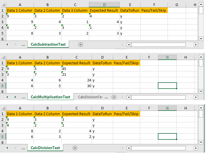 Excel test data sheets for calculator subtraction, multiplication, and division test cases