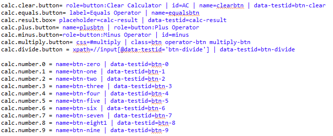 objects-properties-fallback-locators-playwright | Software Testing Tutorials Objects.properties file showing fallback locators in Playwright framework using multiple locator strategies