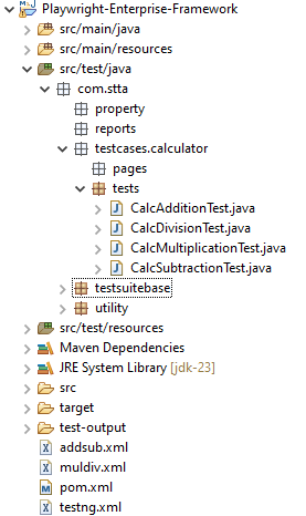 Project structure after adding new calculator test classes and multiple TestNG XML files in Playwright enterprise framework