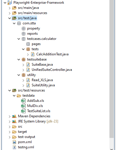 Playwright Enterprise Framework Step 2 folder structure showing Excel files, test classes, and configuration files