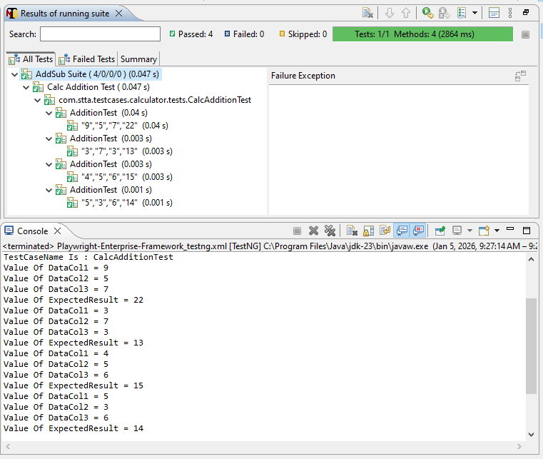 Playwright enterprise framework Excel driven test execution showing TestNG results and console output