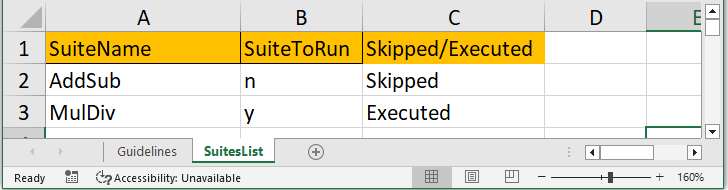 Excel TestSuiteList sheet showing SuiteToRun flag for controlling Playwright enterprise automation suite execution