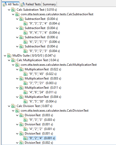 TestNG execution report showing calculator test cases reading test data from Excel files