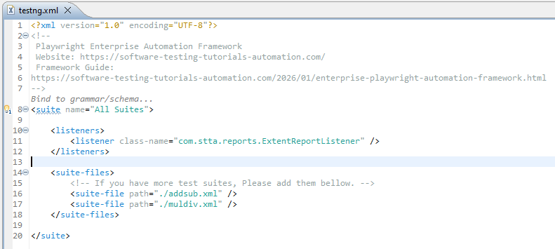 testng-extent-report-listener-xml | Software Testing Tutorials TestNG listener configuration for Extent Report in Playwright framework XML file