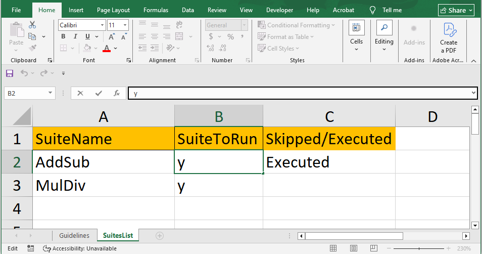 TestSuiteList excel file showing suite name and suite execution control in Playwright enterprise framework