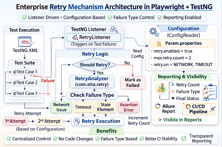 playwright-enterprise-retry-mechanism-architecture | Software Testing Tutorials Playwright retry mechanism architecture in enterprise framework using TestNG listener and configuration driven retry control
