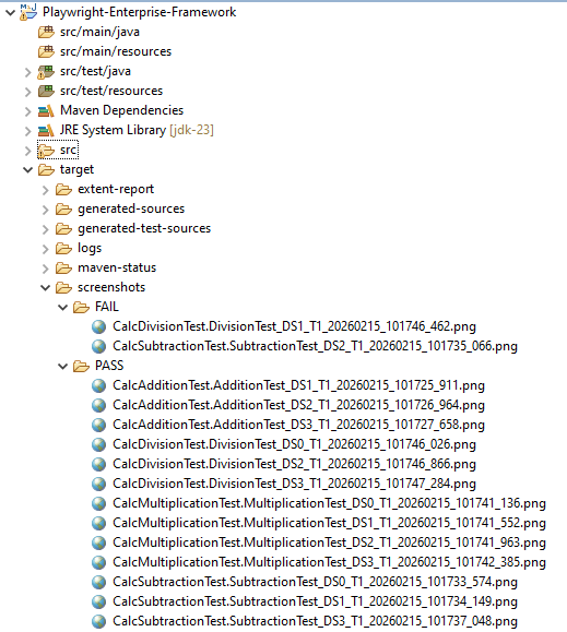 playwright-test-screenshots-folder-structure | Software Testing Tutorials Playwright test screenshots folder structure showing PASS and FAIL directories after execution