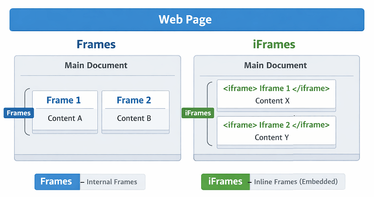 Diagram showing frames and iframes embedded inside a web page
