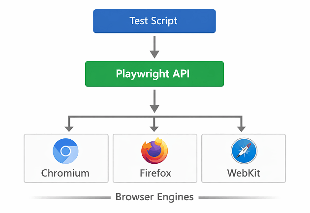 how-playwright-testing-works-architecture | Software Testing Tutorials Playwright testing architecture showing how test scripts interact with browsers