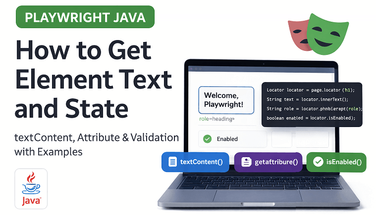 Playwright Java get element text, attribute, and state example with innerText textContent getAttribute methods