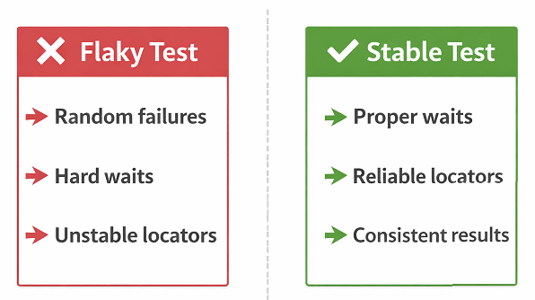flaky test vs stable test comparison in automation testing with examples