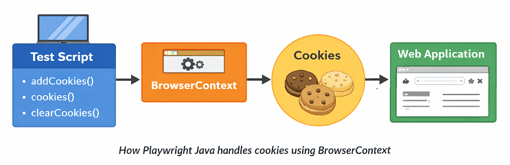 Handle cookies in Playwright Java using BrowserContext flow diagram
