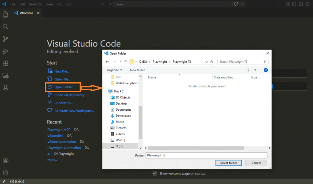 Open project folder in Visual Studio Code for Playwright TypeScript setup using File menu