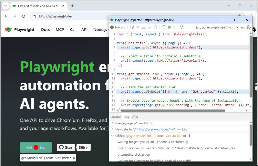 playwright-debug-inspector-ui | Software Testing Tutorials Playwright debug mode inspector showing step by step test execution