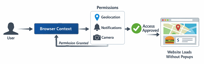 Playwright Java browser permissions flow using browser context with geolocation and notifications