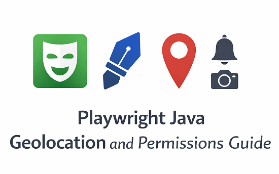 playwright-java-geolocation-permissions-guide | Software Testing Tutorials Playwright Java geolocation and browser permissions guide with location, notification and camera icons