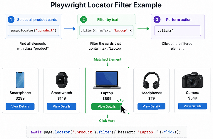 playwright-locator-filter-example | Software Testing Tutorials playwright locator filter example using hasText and chaining