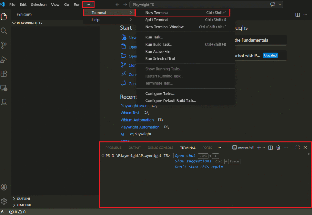 open terminal in visual studio code for playwright typescript setup