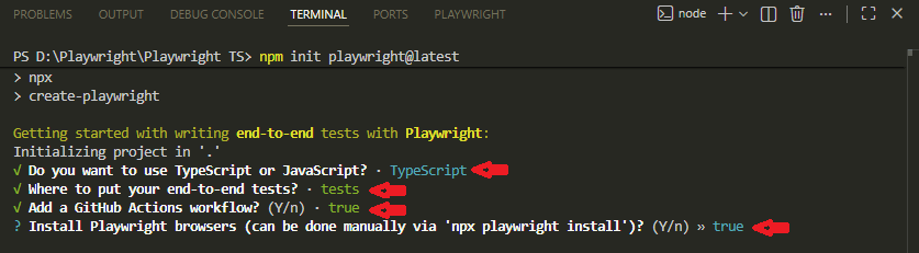 playwright typescript installation setup questions in terminal