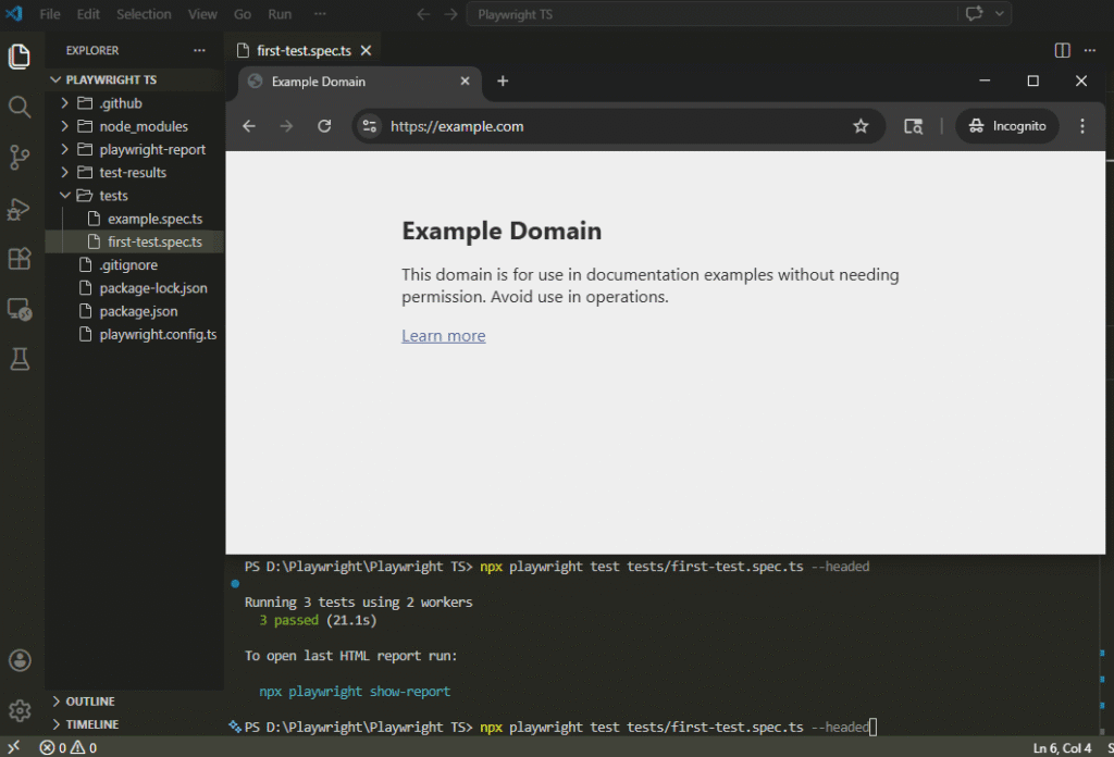 playwright test execution showing browser launch and successful test result in playwright typescript