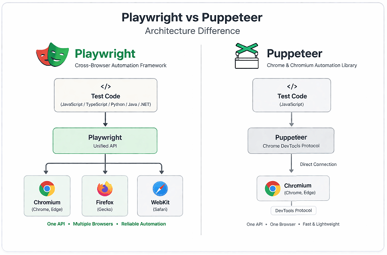 playwright-vs-puppeteer-architecture | Software Testing Tutorials Playwright vs Puppeteer architecture diagram showing multi browser support vs chromium only