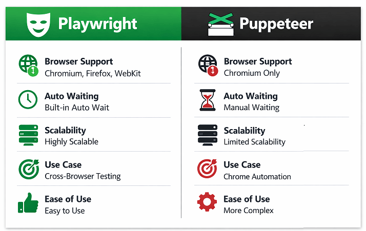 playwright-vs-puppeteer-comparison | Software Testing Tutorials Playwright vs Puppeteer comparison showing browser support auto waiting and use cases