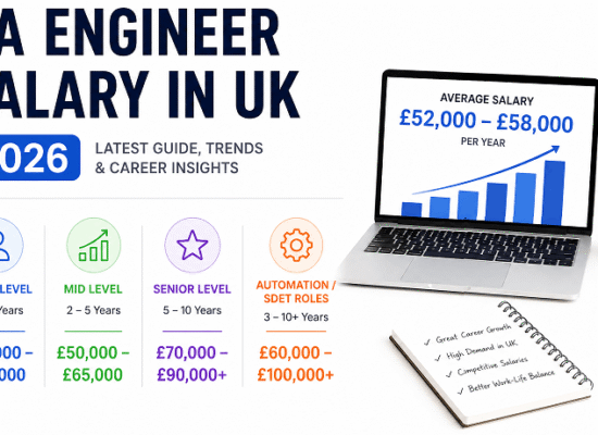 qa-engineer-salary-uk-2026-range-entry-mid-senior-automation | Software Testing Tutorials QA Engineer salary in UK 2026 showing entry level £30k–£40k, mid level £50k–£65k, senior £70k–£90k+, and automation roles up to £100k+