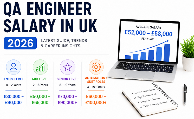 QA Engineer salary in UK 2026 showing entry level £30k–£40k, mid level £50k–£65k, senior £70k–£90k+, and automation roles up to £100k+