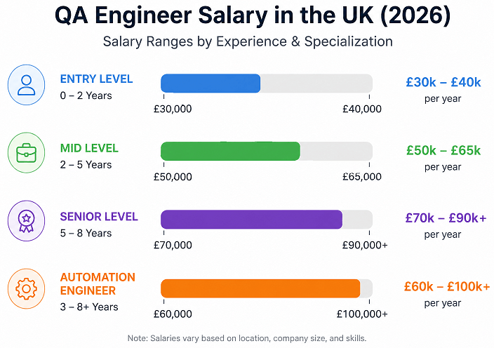 qa-engineer-salary-uk-2026-range | Software Testing Tutorials QA Engineer salary UK 2026 range showing entry level, mid level, senior and automation salaries