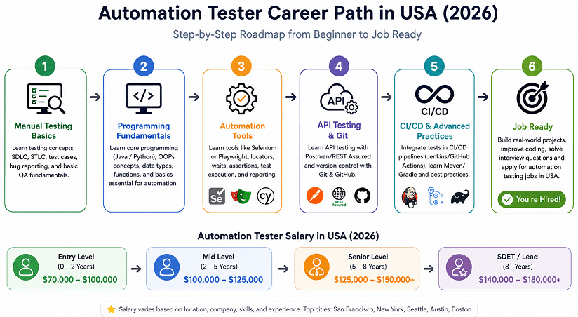 automation-tester-career-roadmap-usa-2026 | Software Testing Tutorials Automation tester career roadmap in USA showing step by step path from manual testing to automation tools, API testing, CI/CD and job readiness in 2026