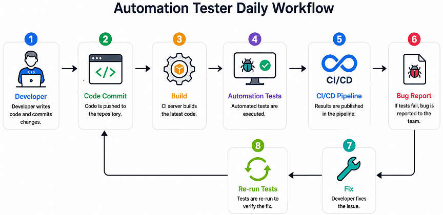 automation-tester-daily-workflow-ci-cd | Software Testing Tutorials Automation tester daily workflow showing CI CD pipeline, test execution, bug reporting and collaboration with developers