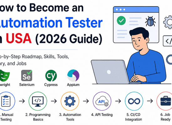 how-to-become-an-automation-tester-in-usa-2026-guide | Software Testing Tutorials How to become an automation tester in USA in 2026 with roadmap, automation tools, API testing, CI/CD, and salary guide