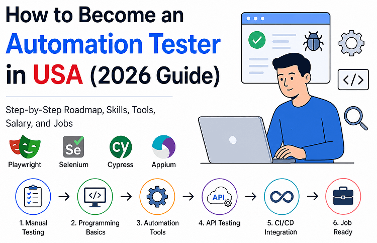 How to become an automation tester in USA in 2026 with roadmap, automation tools, API testing, CI/CD, and salary guide