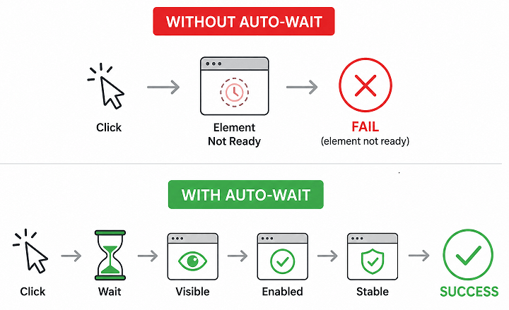playwright-auto-waiting-vs-no-wait | Software Testing Tutorials Playwright auto waiting vs manual wait showing element readiness before actions