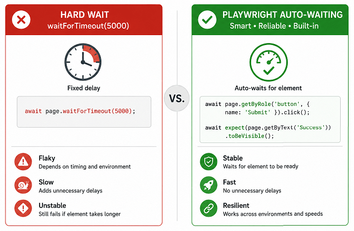 playwright-auto-waiting-vs-waitfortimeout | Software Testing Tutorials Comparison between waitForTimeout and Playwright auto waiting for stable CI automation tests