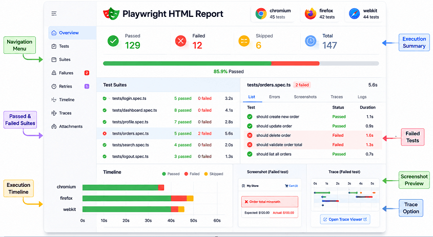 playwright-html-report-example | Software Testing Tutorials Playwright HTML report example showing passed failed tests screenshots and execution details