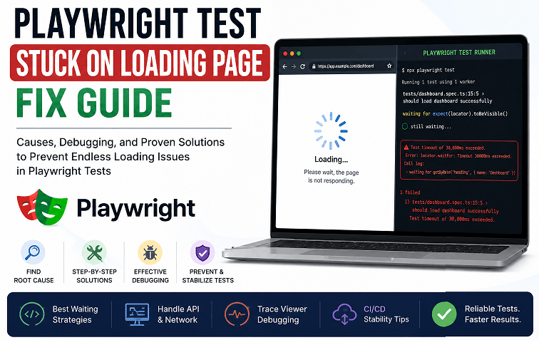 Playwright test stuck on loading page fix guide showing browser loading spinner, timeout error, debugging steps, API waits, and CI pipeline stability solutions