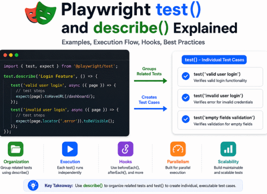 playwright-test-vs-describe-explained-featured-image | Software Testing Tutorials Playwright test() and describe() explained with TypeScript examples showing grouped test suites, individual test cases, hooks, execution flow, and scalable test organization.