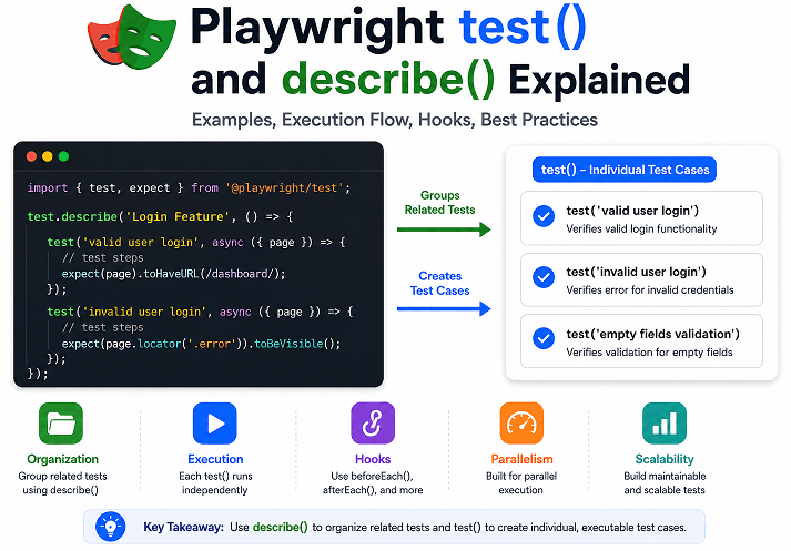 Playwright test() and describe() explained with TypeScript examples showing grouped test suites, individual test cases, hooks, execution flow, and scalable test organization.